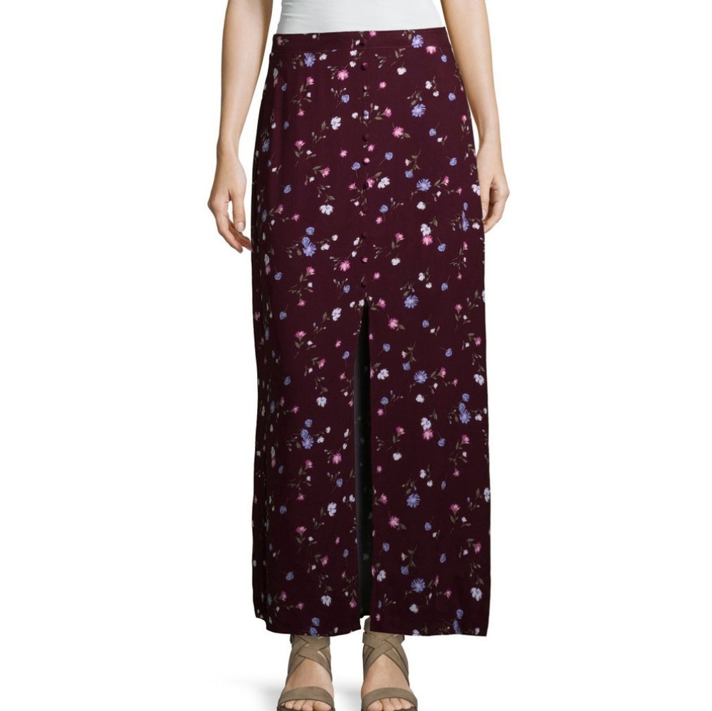 New Burgundy floral elastic waist maxi skirt
